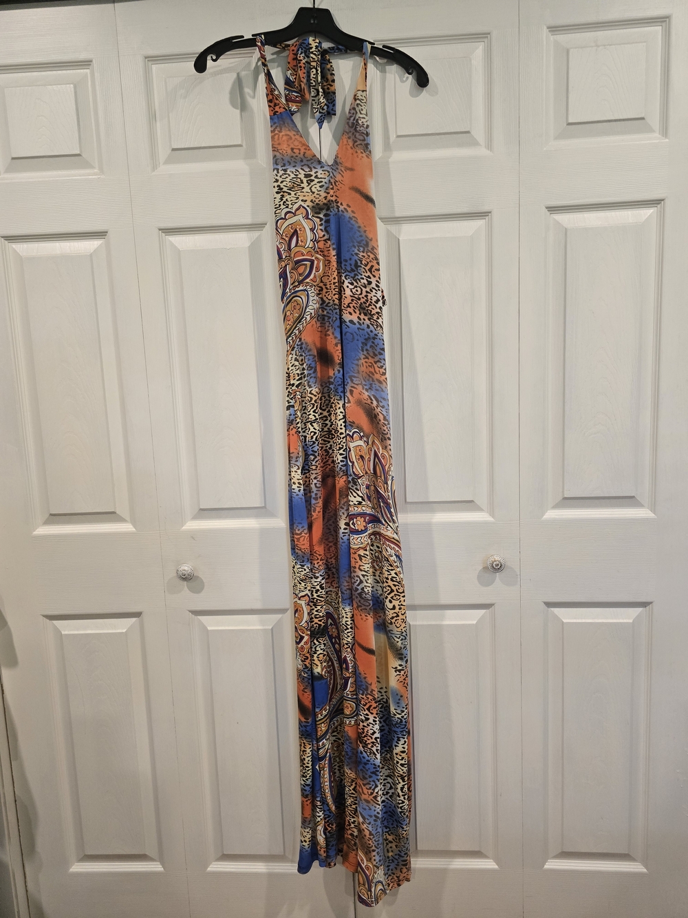 Vibrant Paisley & Animal Print Halter Maxi Dress in Orange, Blue and Tan